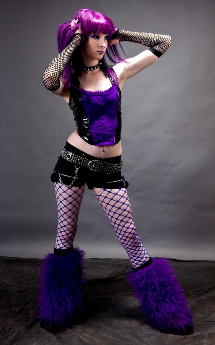 Purple Haired Gothic Girl wearing Blue Fishnet Pantyhose and Black Shorts